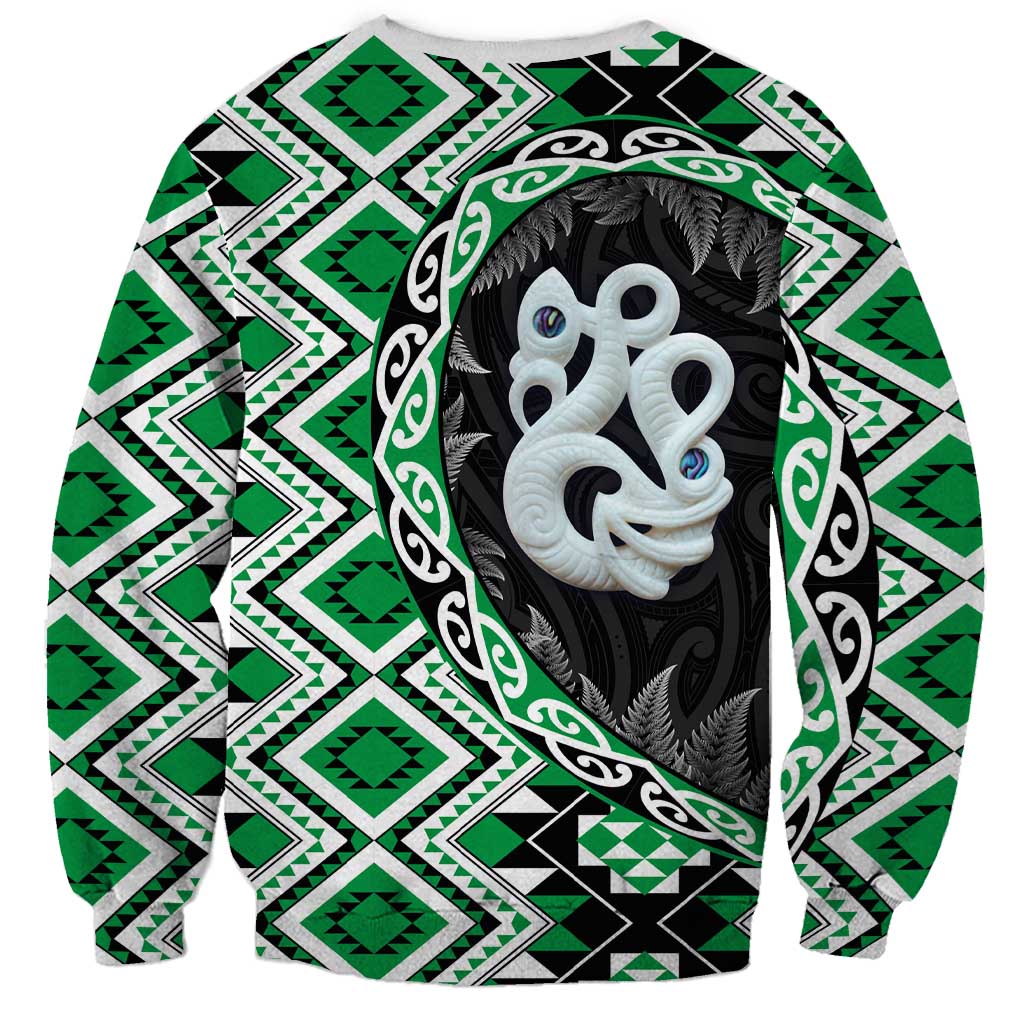 Green Taniko Motif Aotearoa Manaia and Silver Fern Sweatshirt