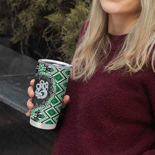 Green Taniko Motif Aotearoa Manaia and Silver Fern Tumbler Cup