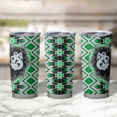 Green Taniko Motif Aotearoa Manaia and Silver Fern Tumbler Cup