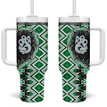Green Taniko Motif Aotearoa Manaia and Silver Fern Tumbler With Handle