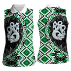 Green Taniko Motif Aotearoa Manaia and Silver Fern Women Sleeveless Polo Shirt