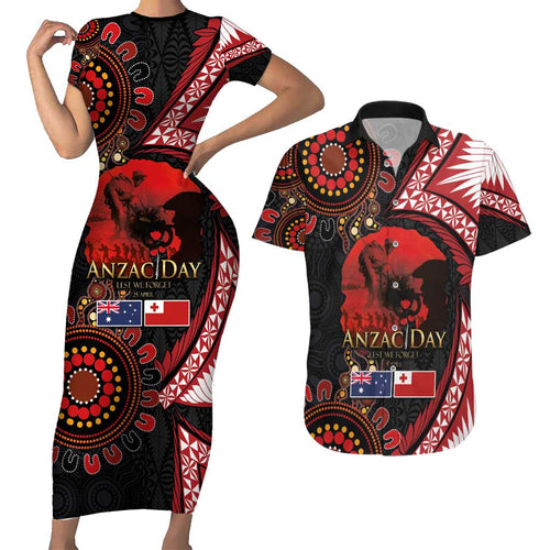 Tonga and Australia ANZAC Day Couples Matching Short Sleeve Bodycon Dress and Hawaiian Shirt Aboriginal and Ngatu Art Pattern - Gallipoli Lest We Forget