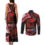 Tonga and Australia ANZAC Day Couples Matching Tank Maxi Dress and Long Sleeve Button Shirt Aboriginal and Ngatu Art Pattern - Gallipoli Lest We Forget
