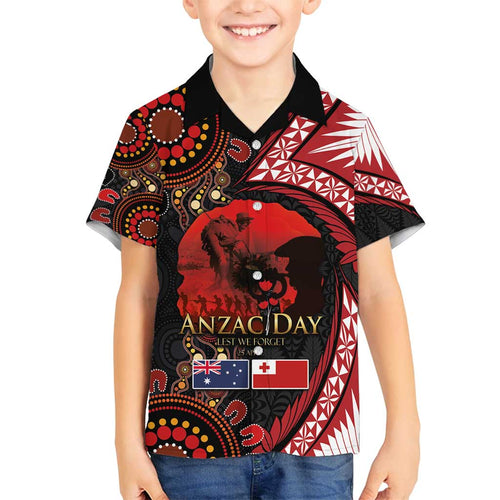 Tonga and Australia ANZAC Day Family Matching Off Shoulder Maxi Dress and Hawaiian Shirt Aboriginal and Ngatu Art Pattern - Gallipoli Lest We Forget
