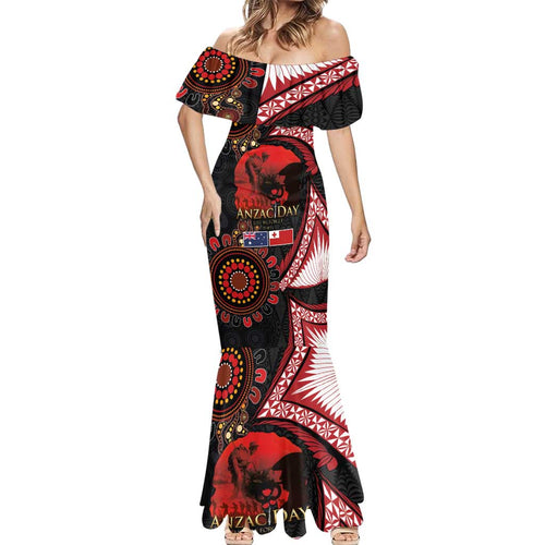Tonga and Australia ANZAC Day Mermaid Dress Aboriginal and Ngatu Art Pattern - Gallipoli Lest We Forget