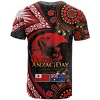 Tonga and Australia ANZAC Day T Shirt Aboriginal and Ngatu Art Pattern - Gallipoli Lest We Forget