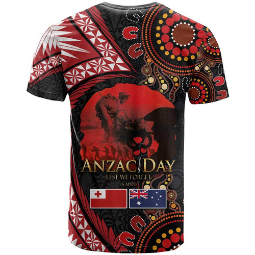 Tonga and Australia ANZAC Day T Shirt Aboriginal and Ngatu Art Pattern - Gallipoli Lest We Forget