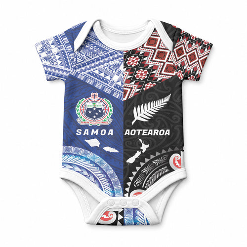 Personalised Aotearoa and Samoa Together Baby Onesie Tatau Art Tattoos-Taniko and Tukutuku with Maori Pattern