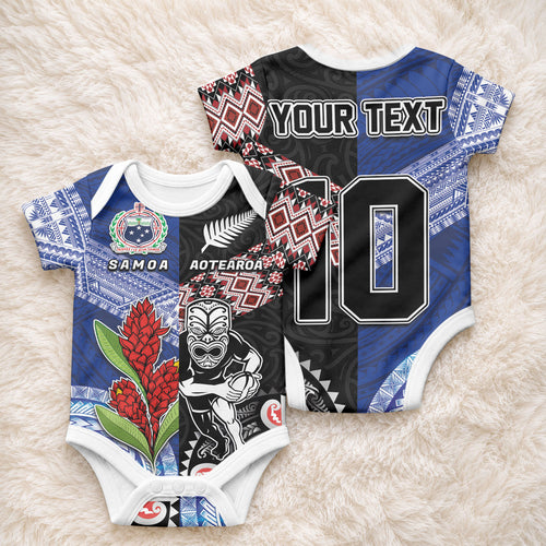 Custom Aotearoa and Samoa Rugby Baby Onesie Maori Warrior and Teuila Emblem-Tatau with Taniko Art