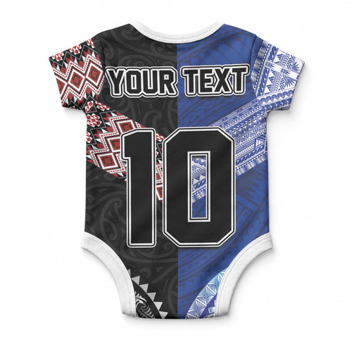 Custom Aotearoa and Samoa Rugby Baby Onesie Maori Warrior and Teuila Emblem-Tatau with Taniko Art