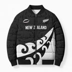 Custom NZ Rugby Bomber Puffer Jacket Koru and Silver Fern Sporty Style