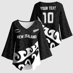 Custom NZ Rugby Kimono Sleeve Blouse Koru and Silver Fern Sporty Style