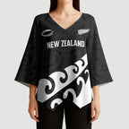 Custom NZ Rugby Kimono Sleeve Blouse Koru and Silver Fern Sporty Style