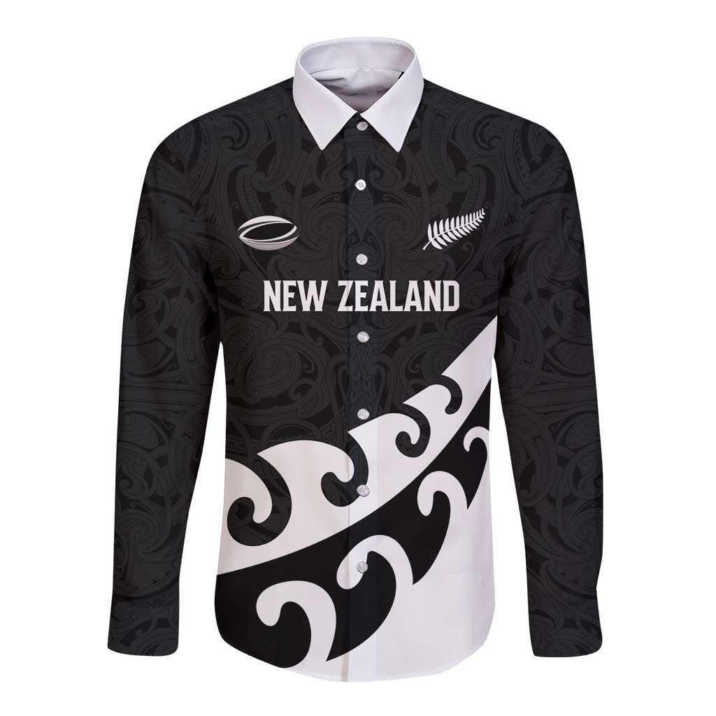 Custom NZ Rugby Long Sleeve Button Shirt Koru and Silver Fern Sporty Style