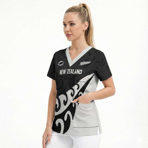 Custom NZ Rugby Scrub Top Koru and Silver Fern Sporty Style