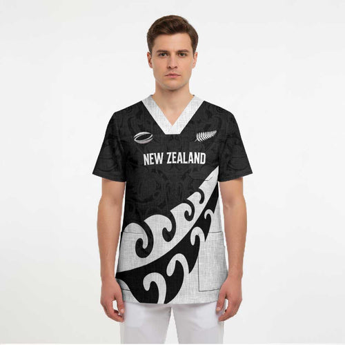 Custom NZ Rugby Scrub Top Koru and Silver Fern Sporty Style