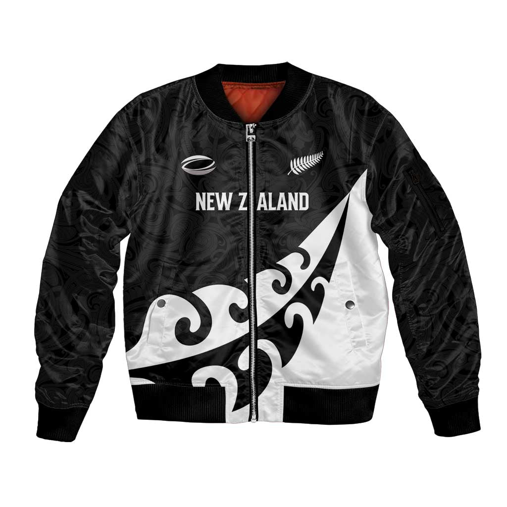 Custom NZ Rugby Sleeve Zip Bomber Jacket Koru and Silver Fern Sporty Style