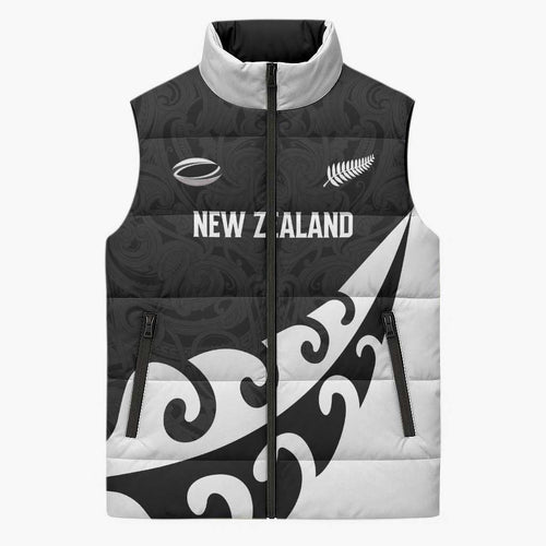 Custom NZ Rugby Sleeveless Puffer Jacket Koru and Silver Fern Sporty Style