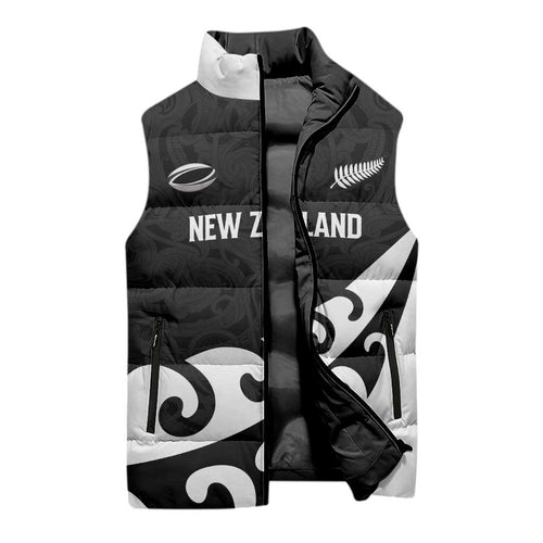 Custom NZ Rugby Sleeveless Puffer Jacket Koru and Silver Fern Sporty Style