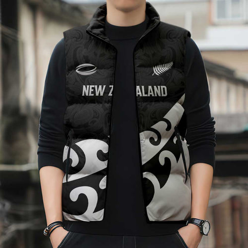 Custom NZ Rugby Sleeveless Puffer Jacket Koru and Silver Fern Sporty Style