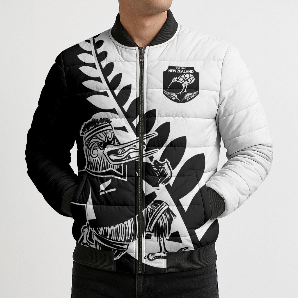 Custom Aotearoa Rugby League Bomber Puffer Jacket Kiwi Haka and Fern - Sporty Style