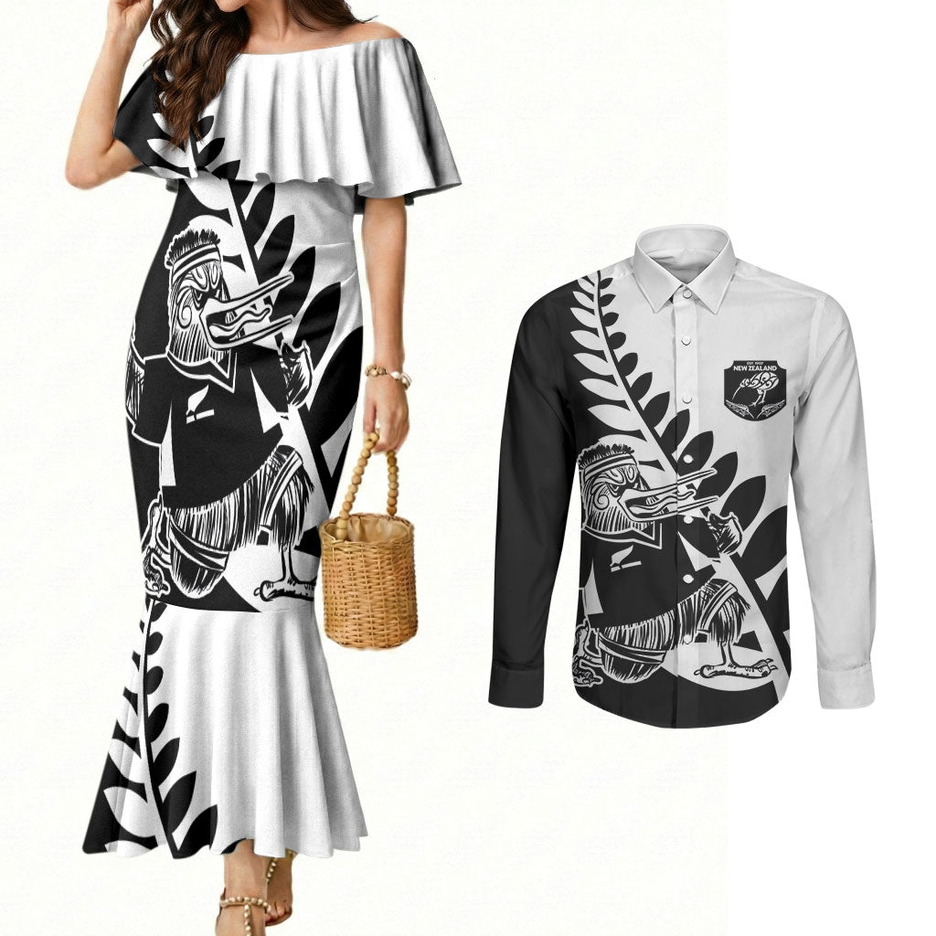 Custom Aotearoa Rugby League Couples Matching Mermaid Dress and Long Sleeve Button Shirt Kiwi Haka and Fern - Sporty Style