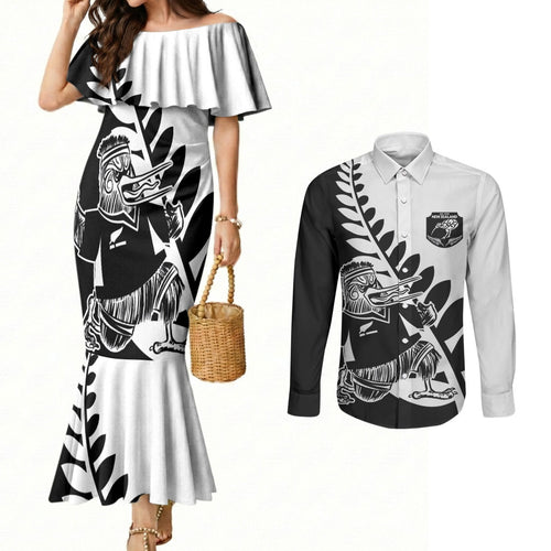 Custom Aotearoa Rugby League Couples Matching Mermaid Dress and Long Sleeve Button Shirt Kiwi Haka and Fern - Sporty Style