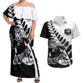 Custom Aotearoa Rugby League Couples Matching Off Shoulder Maxi Dress and Hawaiian Shirt Kiwi Haka and Fern - Sporty Style