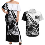 Custom Aotearoa Rugby League Couples Matching Off Shoulder Maxi Dress and Hawaiian Shirt Kiwi Haka and Fern - Sporty Style