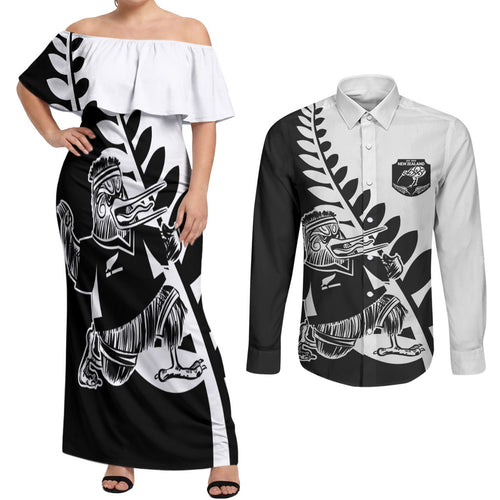 Custom Aotearoa Rugby League Couples Matching Off Shoulder Maxi Dress and Long Sleeve Button Shirt Kiwi Haka and Fern - Sporty Style