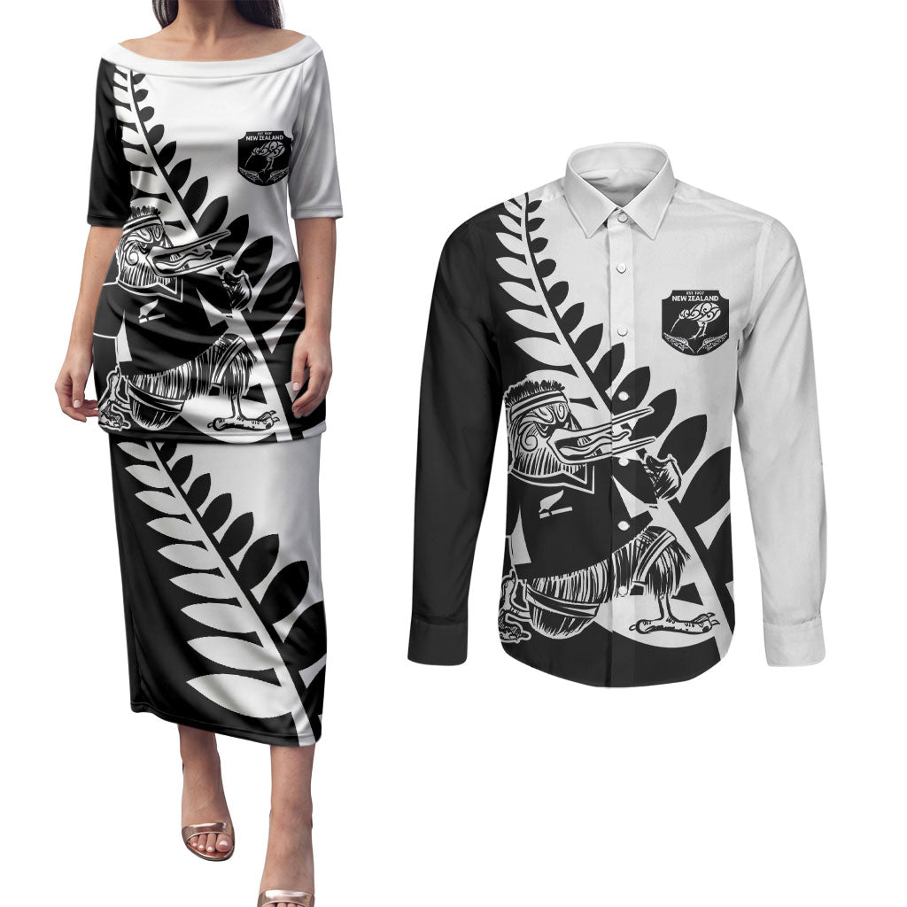 Custom Aotearoa Rugby League Couples Matching Puletasi and Long Sleeve Button Shirt Kiwi Haka and Fern - Sporty Style