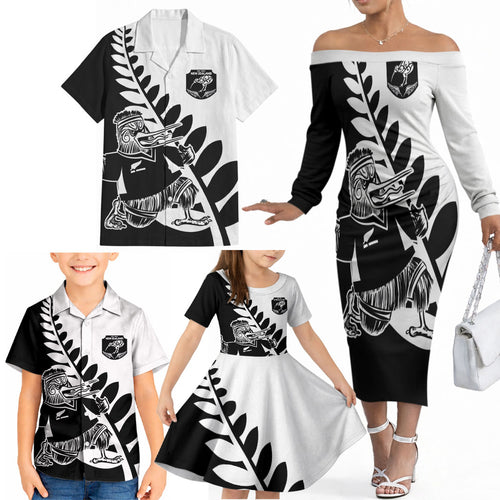 Custom Aotearoa Rugby League Family Matching Off The Shoulder Long Sleeve Dress and Hawaiian Shirt Kiwi Haka and Fern - Sporty Style