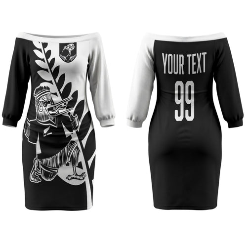 Custom Aotearoa Rugby League Family Matching Off The Shoulder Long Sleeve Dress and Hawaiian Shirt Kiwi Haka and Fern - Sporty Style