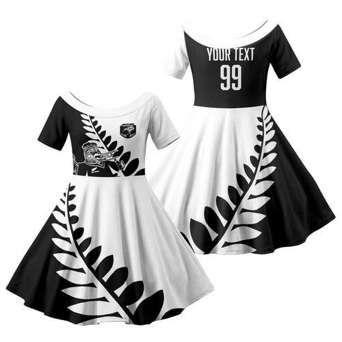Custom Aotearoa Rugby League Family Matching Off The Shoulder Long Sleeve Dress and Hawaiian Shirt Kiwi Haka and Fern - Sporty Style