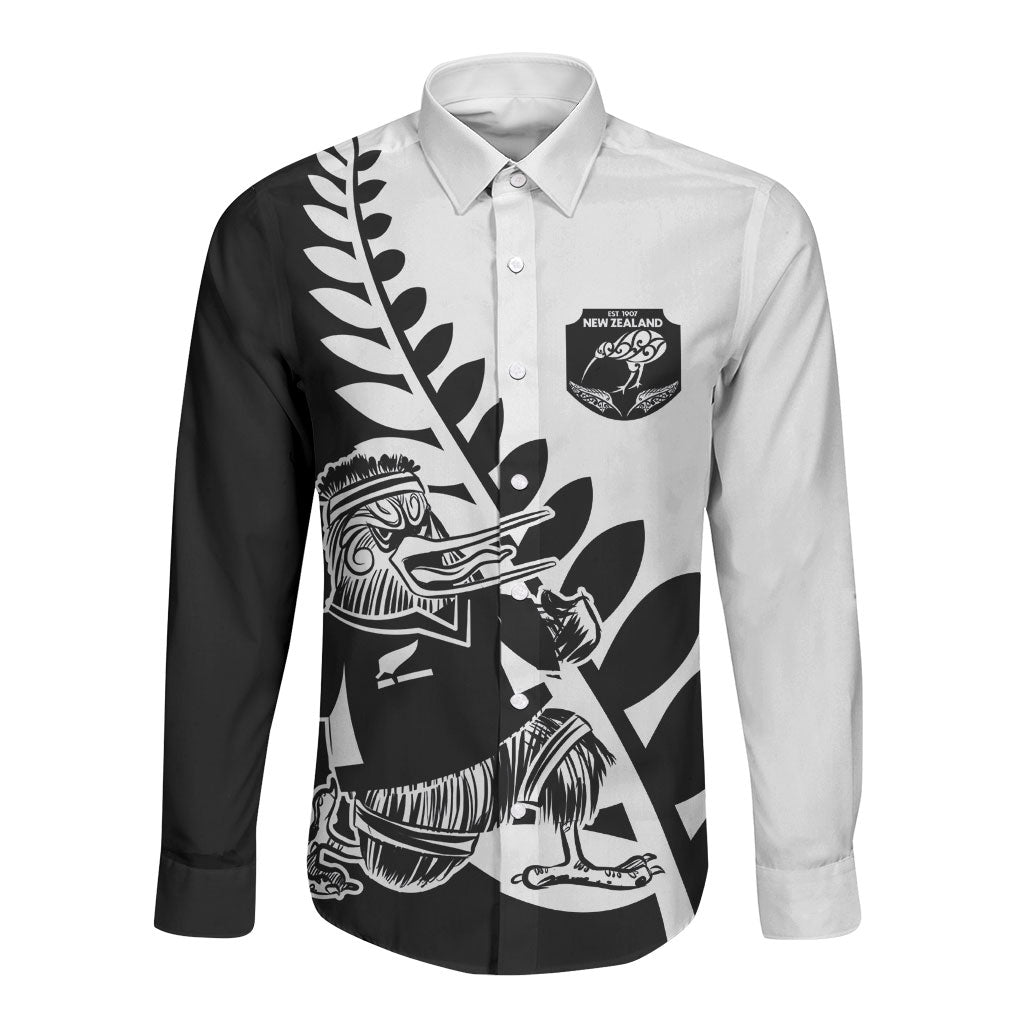 Custom Aotearoa Rugby League Long Sleeve Button Shirt Kiwi Haka and Fern - Sporty Style