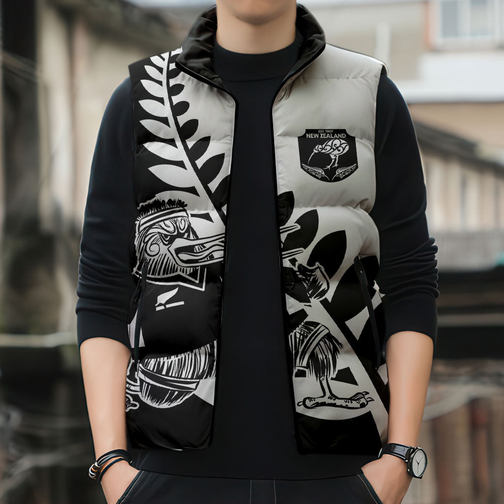 Custom Aotearoa Rugby League Sleeveless Puffer Jacket Kiwi Haka and Fern - Sporty Style