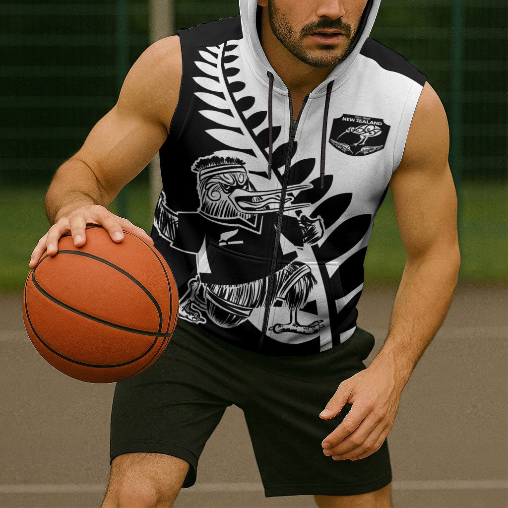 Custom Aotearoa Rugby League Sleeveless Zip Hoodie Kiwi Haka and Fern - Sporty Style