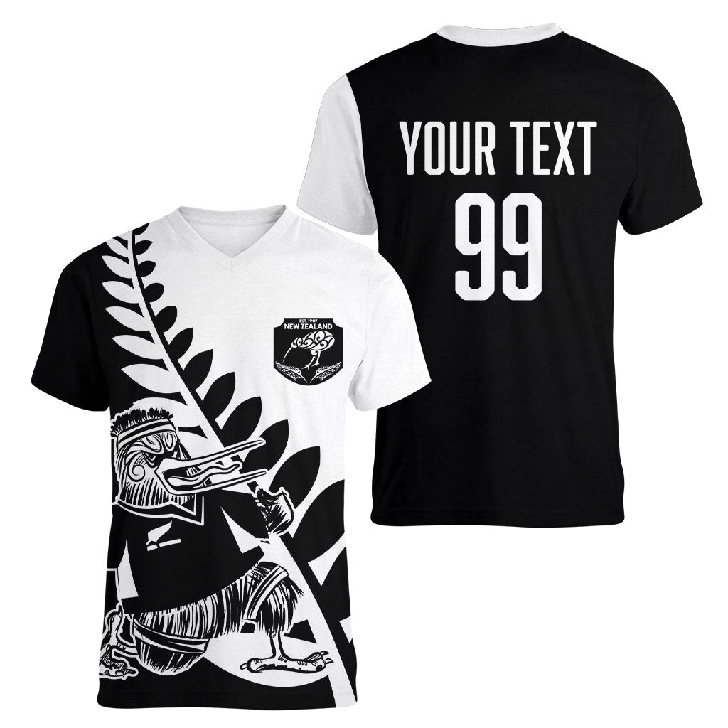 Custom Aotearoa Rugby League Women V-Neck T-Shirt Kiwi Haka and Fern - Sporty Style