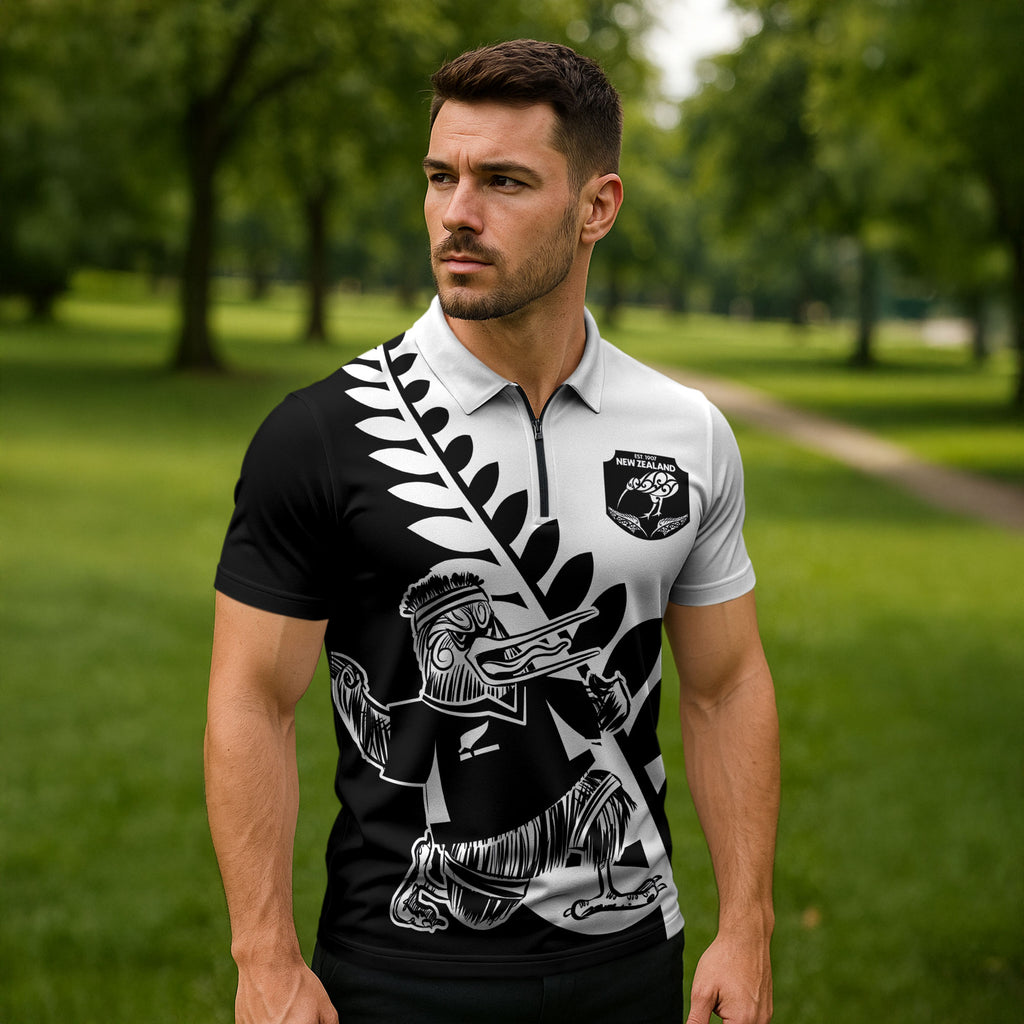 Custom Aotearoa Rugby League Zipper Polo Shirt Kiwi Haka and Fern - Sporty Style