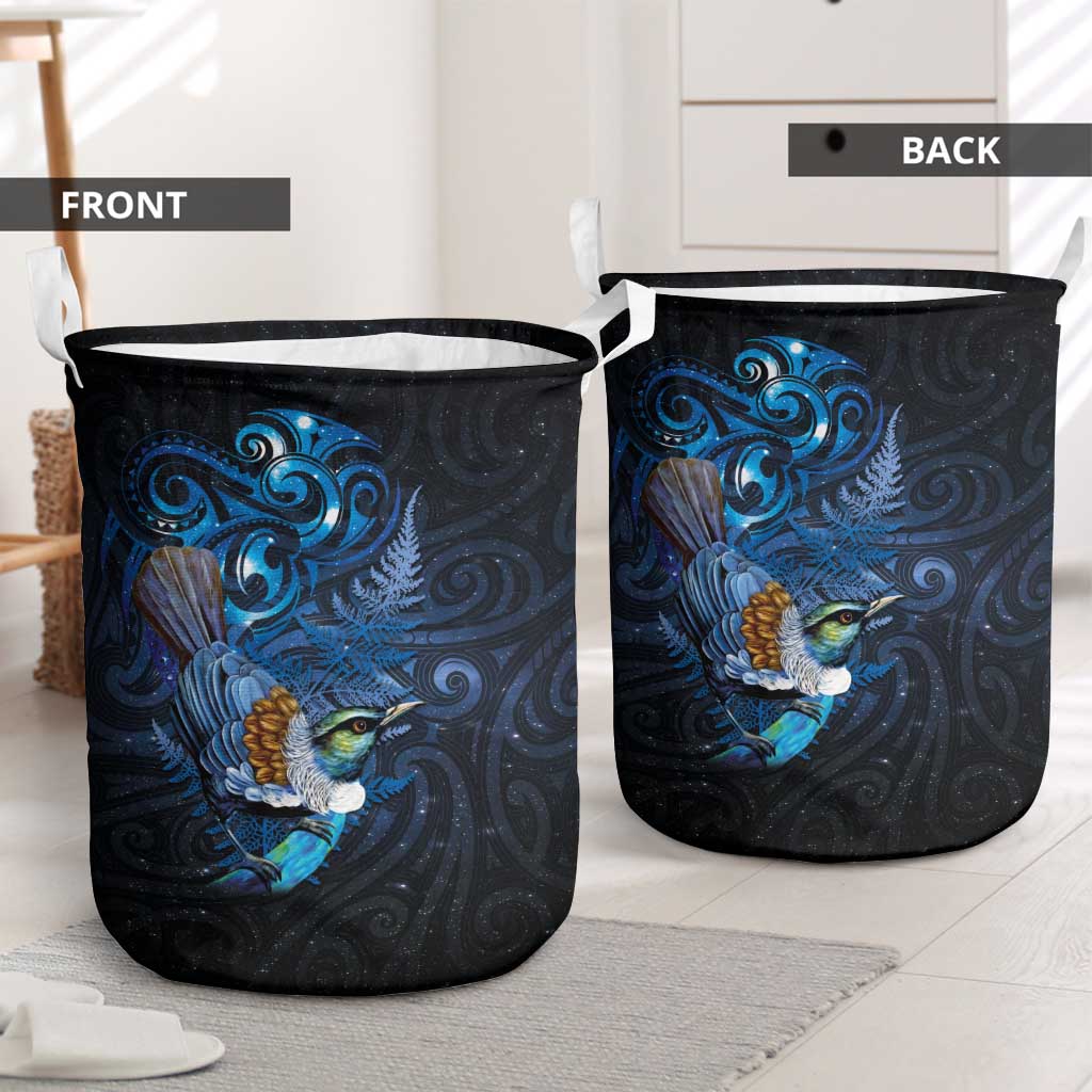Aotearoa Matariki Laundry Basket Maori Tribal with Silver Fern and Tui Bird Galaxy Style - Aussie Hoodie