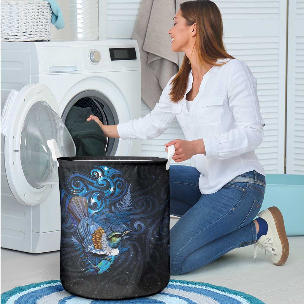 Aotearoa Matariki Laundry Basket Maori Tribal with Silver Fern and Tui Bird Galaxy Style - Aussie Hoodie