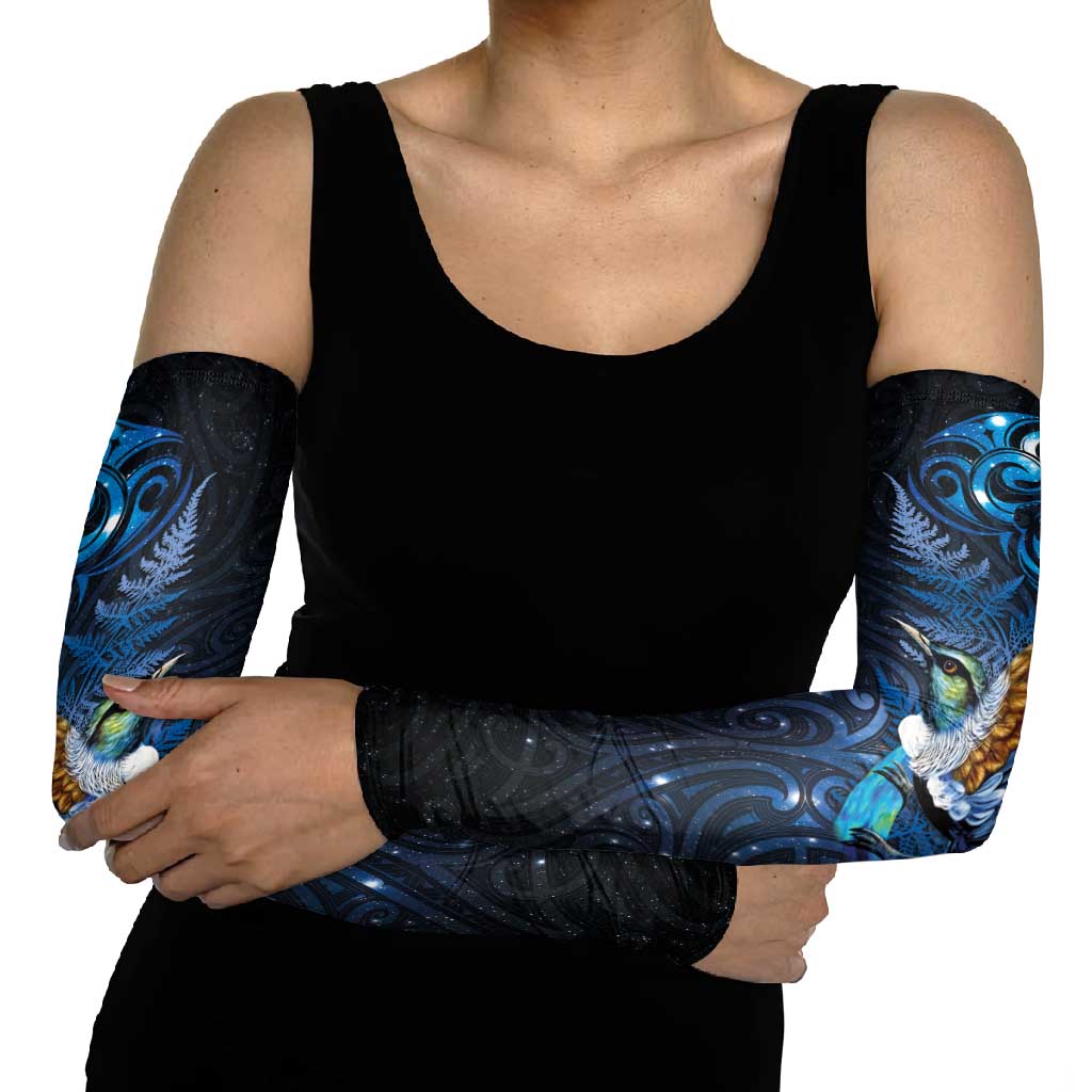 Aotearoa Matariki Arm Sleeves Maori Tribal with Silver Fern and Tui Bird Galaxy Style - Aussie Hoodie