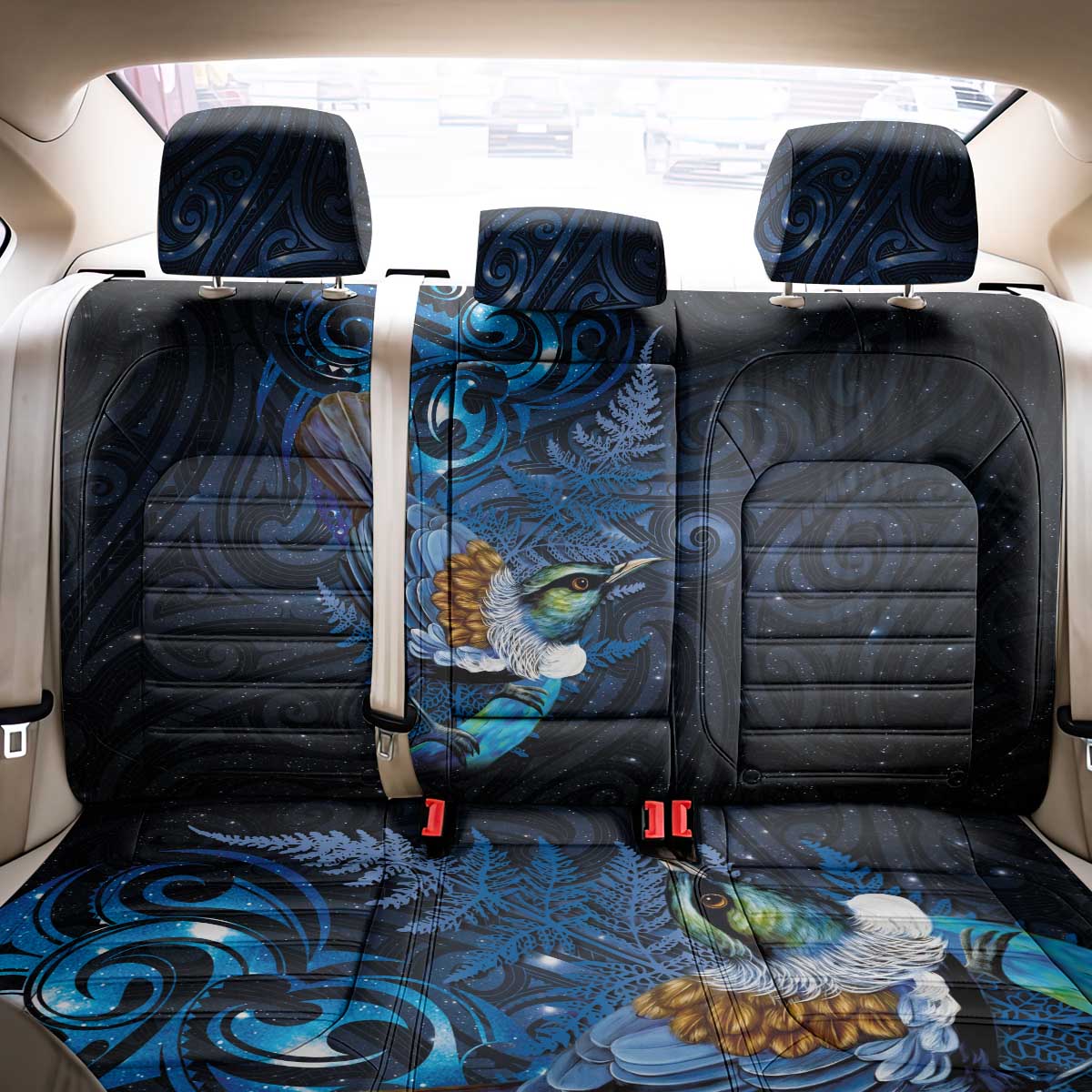 Aotearoa Matariki Back Car Seat Cover Maori Tribal with Silver Fern and Tui Bird Galaxy Style - Aussie Hoodie