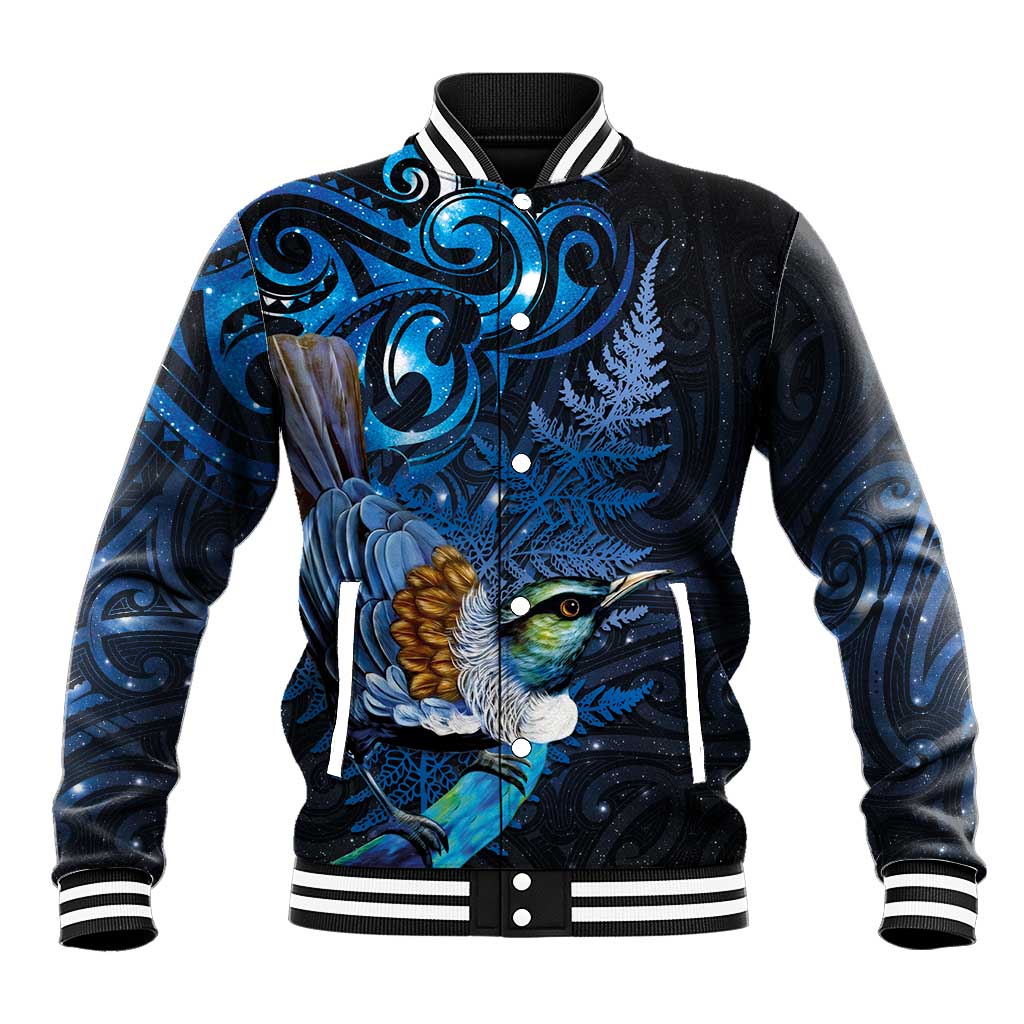 Aotearoa Matariki Baseball Jacket Maori Tribal with Silver Fern and Tui Bird Galaxy Style - Aussie Hoodie