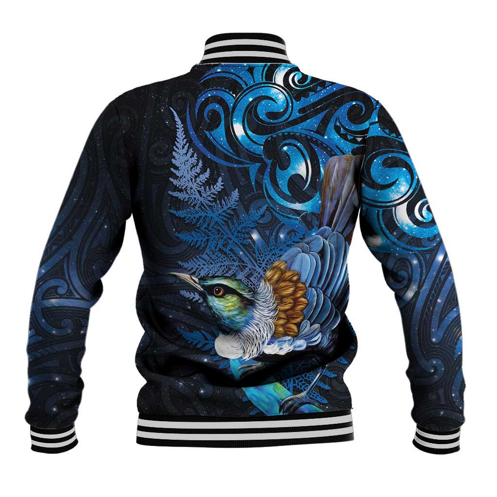 Aotearoa Matariki Baseball Jacket Maori Tribal with Silver Fern and Tui Bird Galaxy Style - Aussie Hoodie