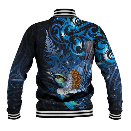 Aotearoa Matariki Baseball Jacket Maori Tribal with Silver Fern and Tui Bird Galaxy Style - Aussie Hoodie