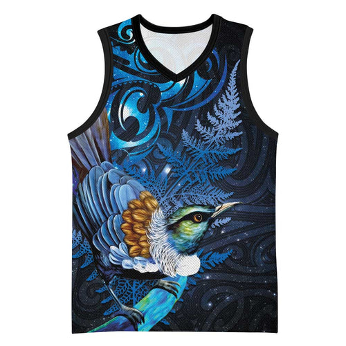 Aotearoa Matariki Basketball Jersey Maori Tribal with Silver Fern and Tui Bird Galaxy Style - Aussie Hoodie
