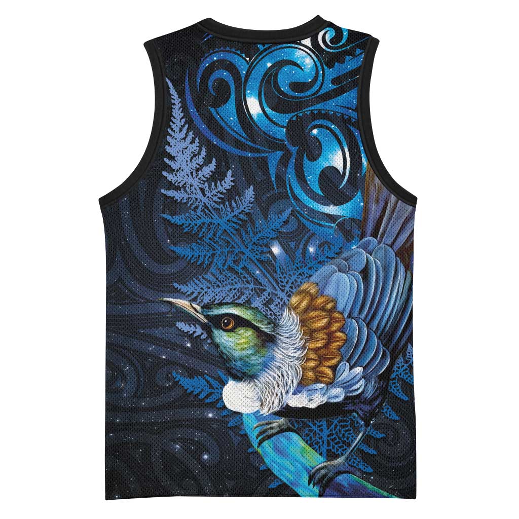 Aotearoa Matariki Basketball Jersey Maori Tribal with Silver Fern and Tui Bird Galaxy Style - Aussie Hoodie