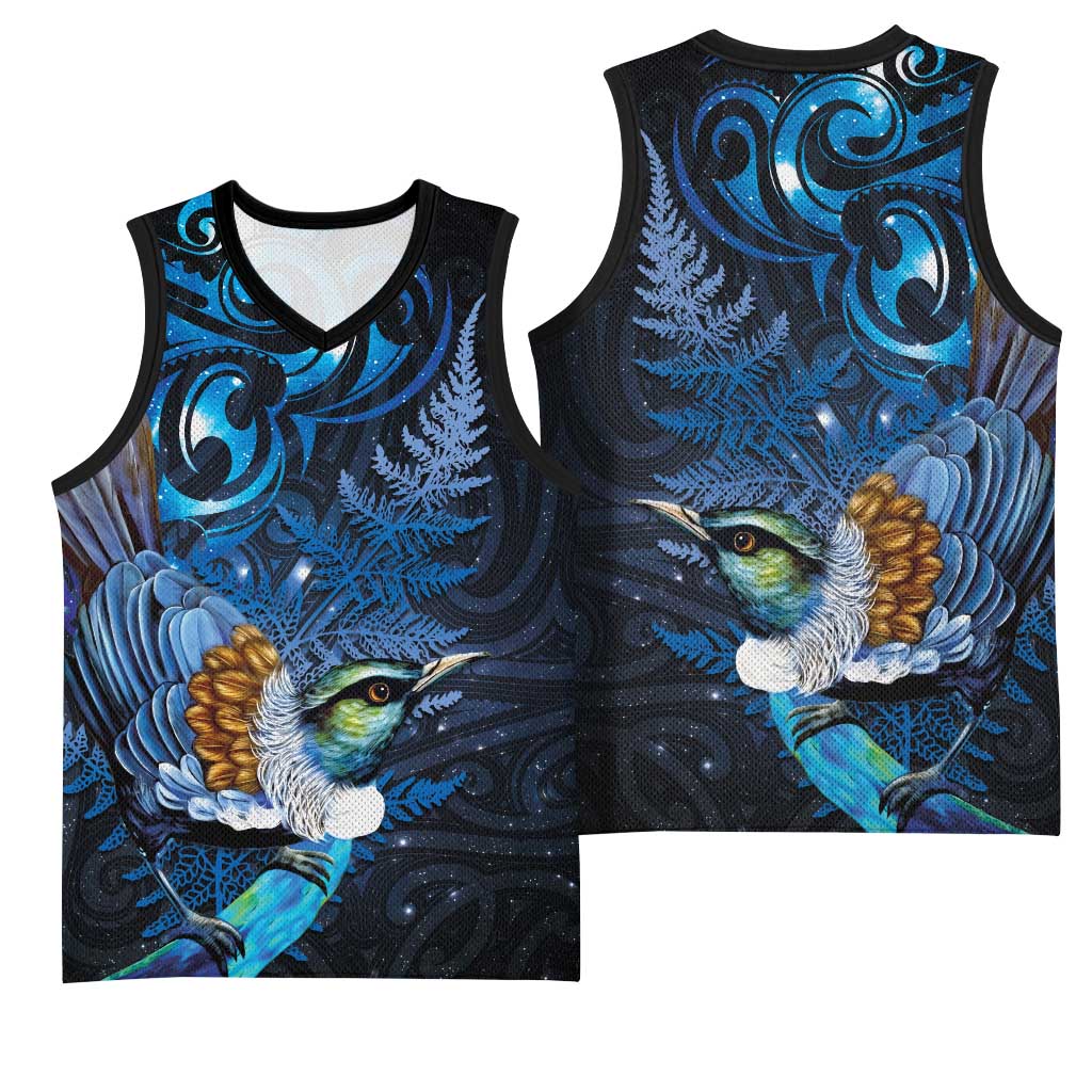 Aotearoa Matariki Basketball Jersey Maori Tribal with Silver Fern and Tui Bird Galaxy Style - Aussie Hoodie