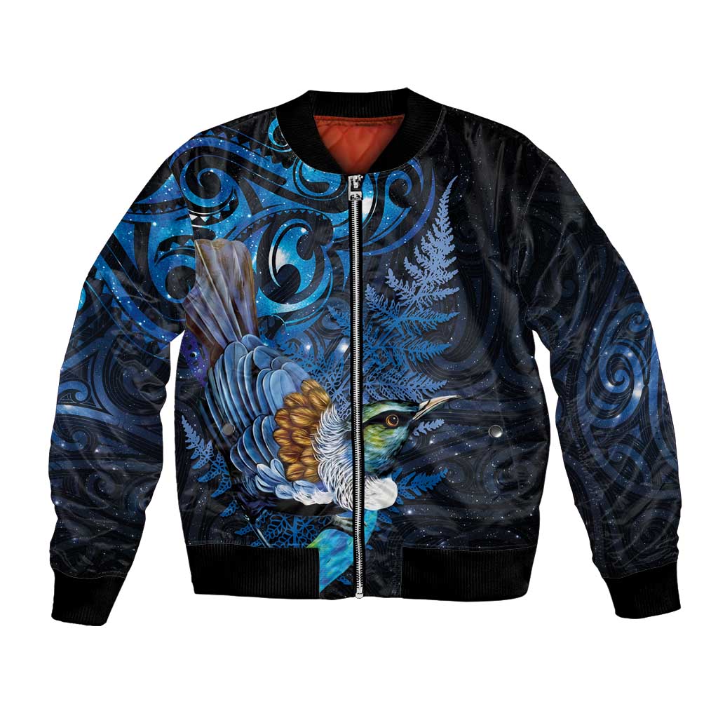 Aotearoa Matariki Bomber Jacket Maori Tribal with Silver Fern and Tui Bird Galaxy Style - Aussie Hoodie
